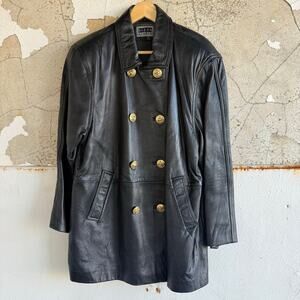 Vtg Leather Jacket Double‎ Breasted Car Coat Gold Buttons Womens L Siena Studio